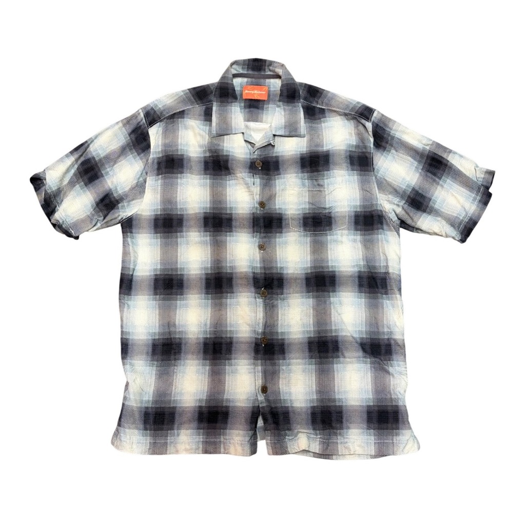 Tommy Bahama Mens 100% Silk Plaid Short Sleeve Camp Shirt Grey Black Size M